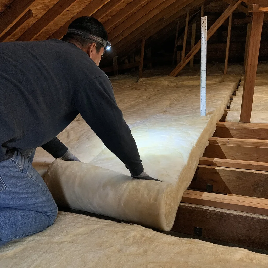 Professional technician installing fiberglass insulation rolls in an attic space