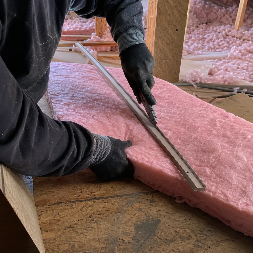 Professional contractor cutting fiberglass insulation for attic installation