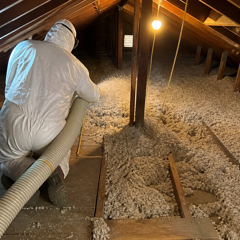 Technician installing blown-in insulation in an attic