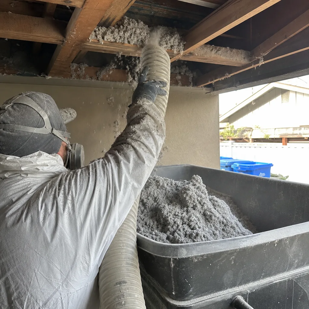 Technician performing professional blown-in cellulose insulation installation in ceiling cavity