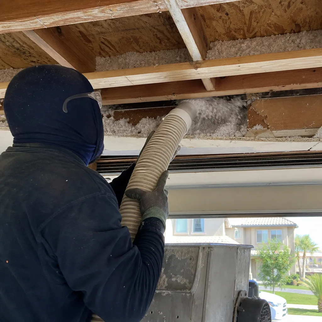 Technician installing blown-in insulation into a residential ceiling structure
