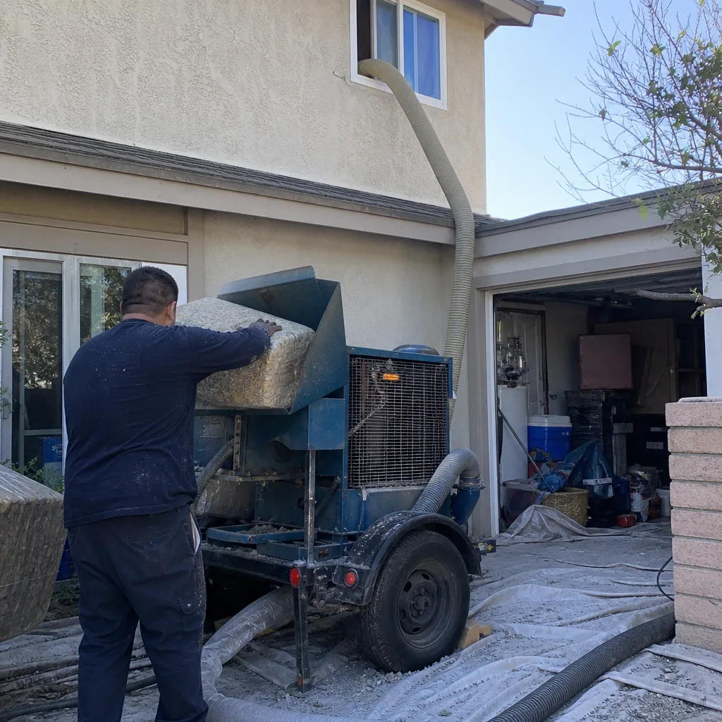 Technician using a blown-in insulation machine for home energy efficiency