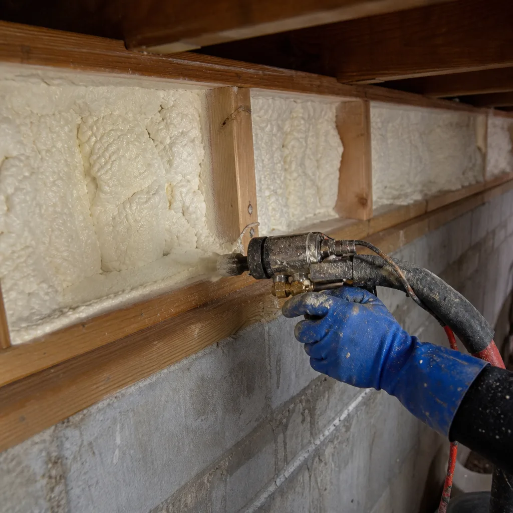 Professional applying spray foam insulation to basement rim joists