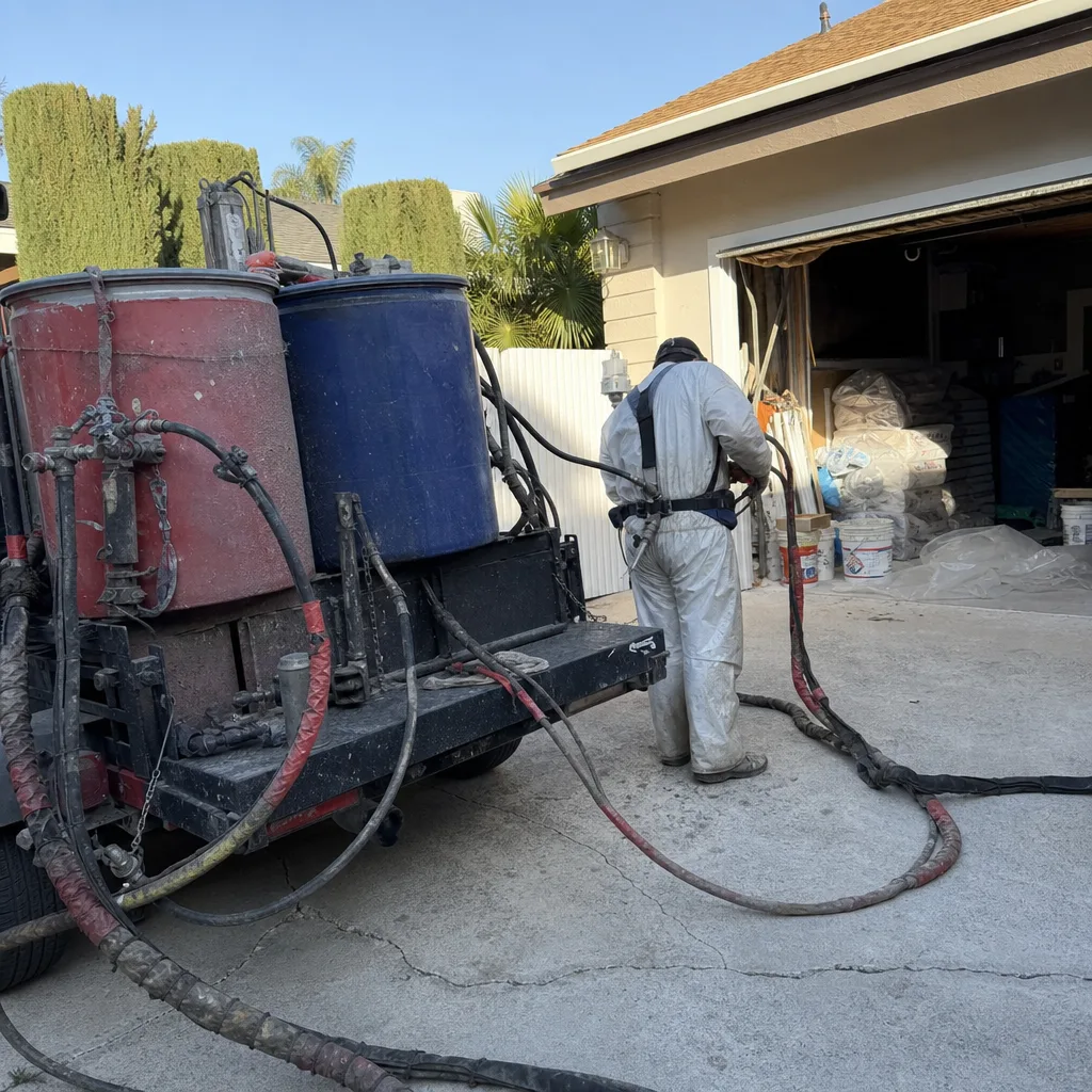 Technician using spray foam insulation rig for residential project