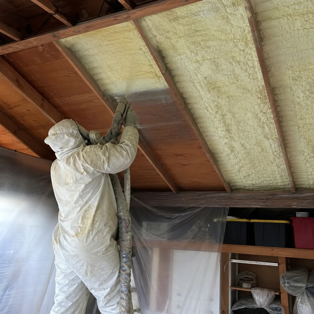 Technician applying spray foam insulation to the underside of a roof