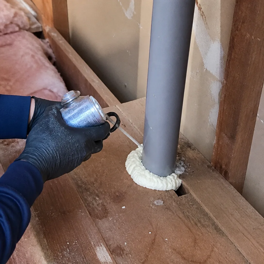Technician applying spray foam insulation for attic air sealing around pipe in El Monte, CA