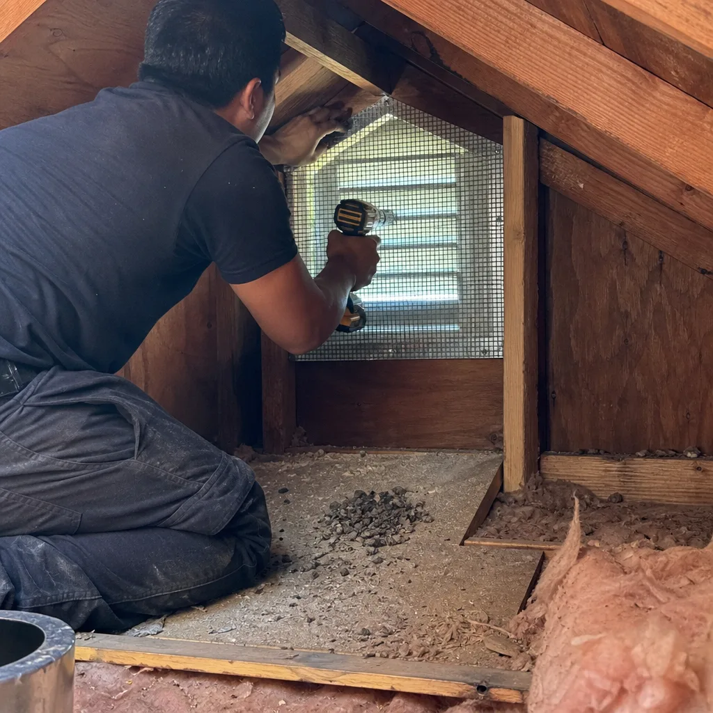 Technician installing rodent-proofing mesh screen over an attic ventilation vent in El Monte, CA