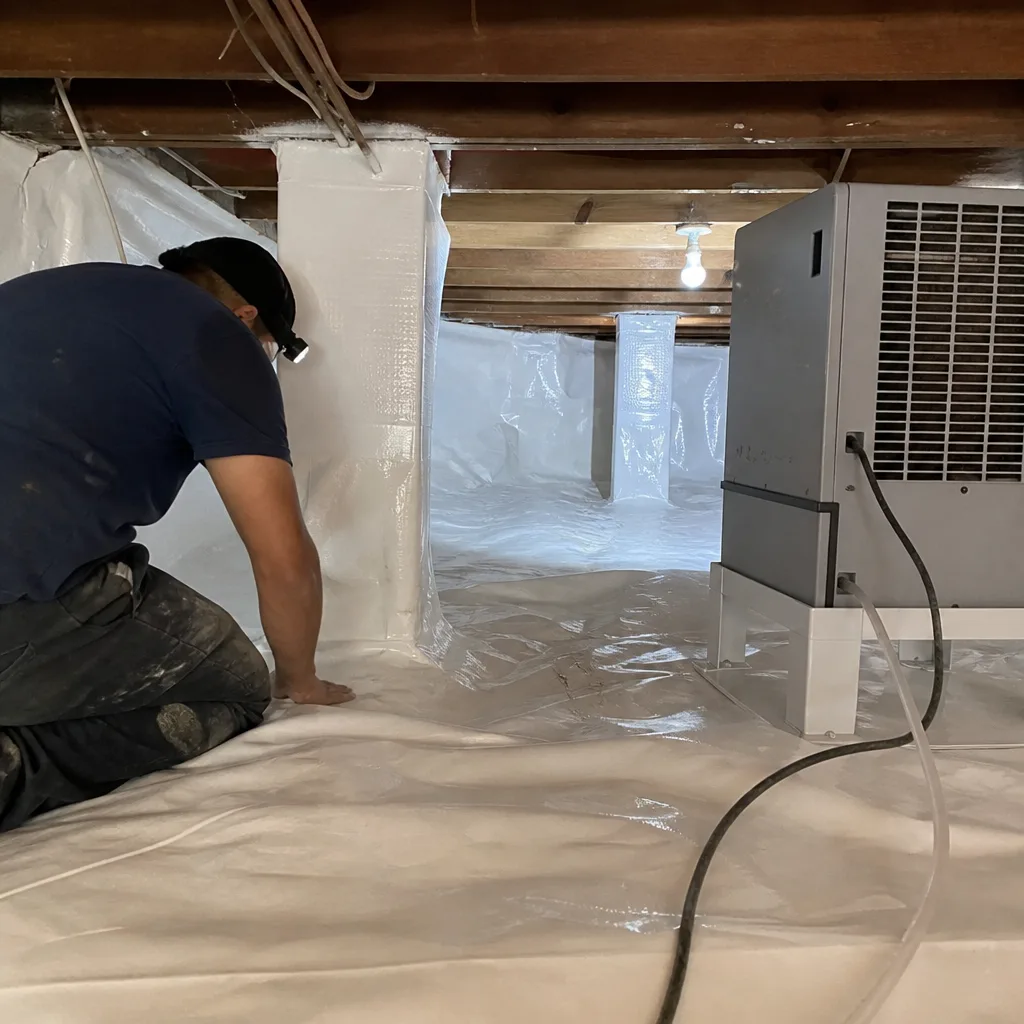 Technician performing professional crawl space encapsulation and vapor barrier installation in El Monte, CA