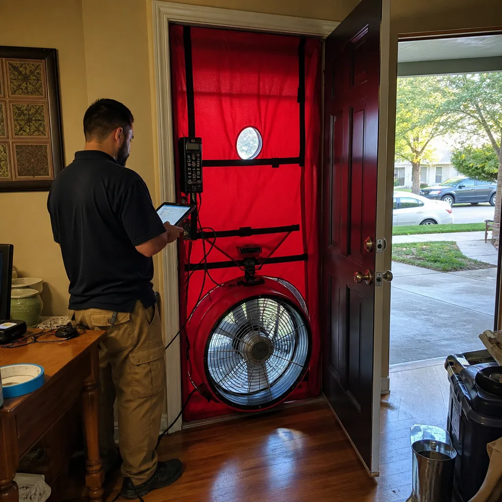 Technician performing a residential home energy audit with a blower door test in El Monte, CA