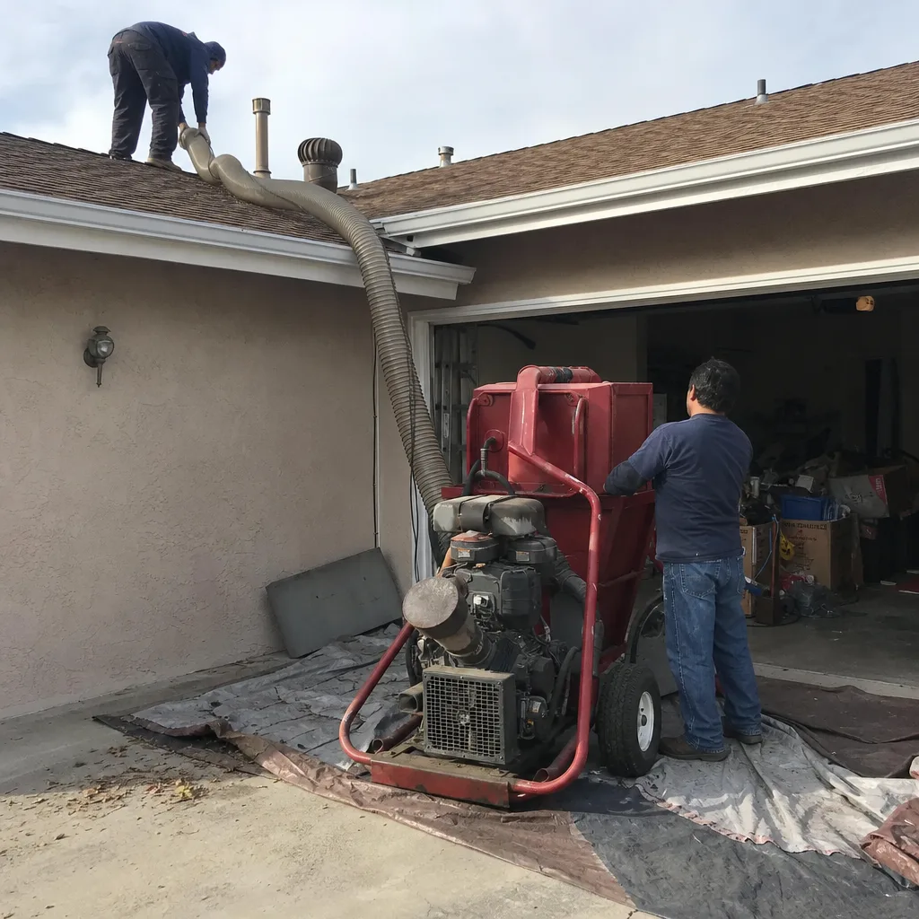 Technicians using industrial equipment for professional attic insulation removal and replacement service. in El Monte, CA