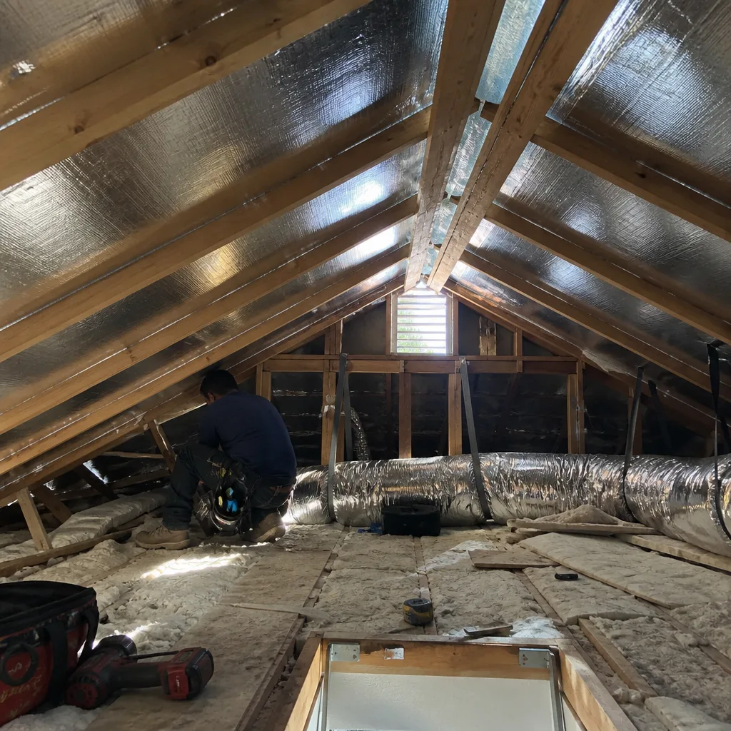Professional technician installing radiant barrier insulation in a residential attic. in El Monte, CA