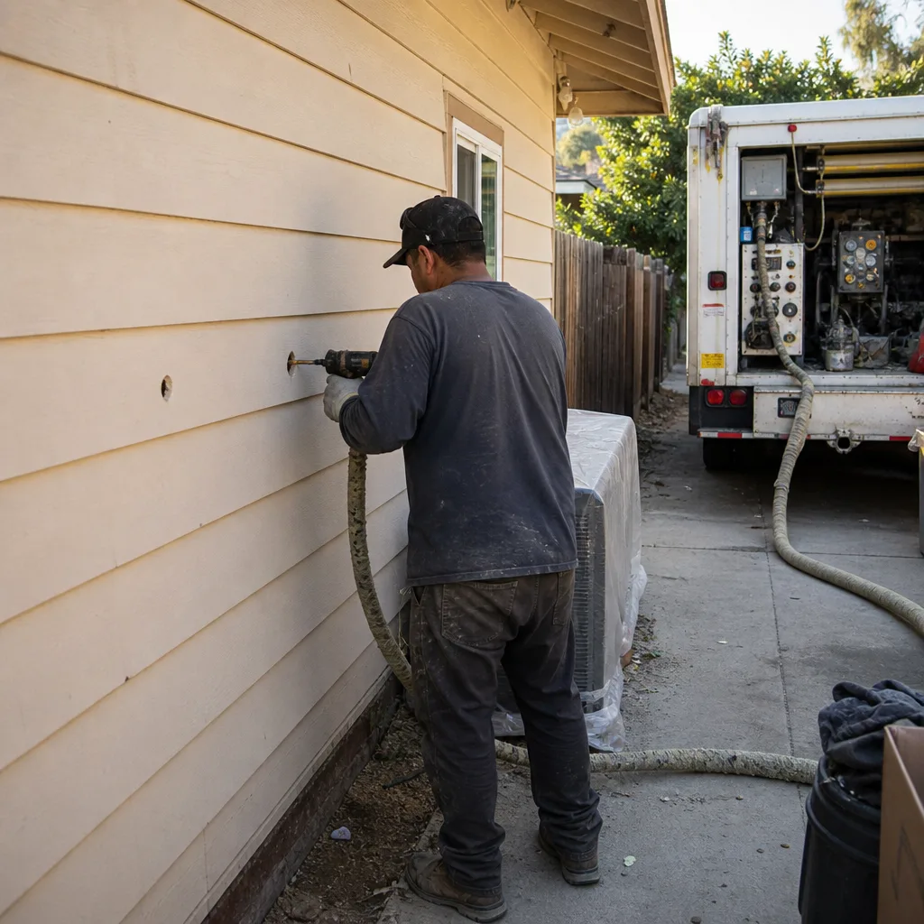 Contractor injecting insulation into a residential exterior wall in El Monte, CA