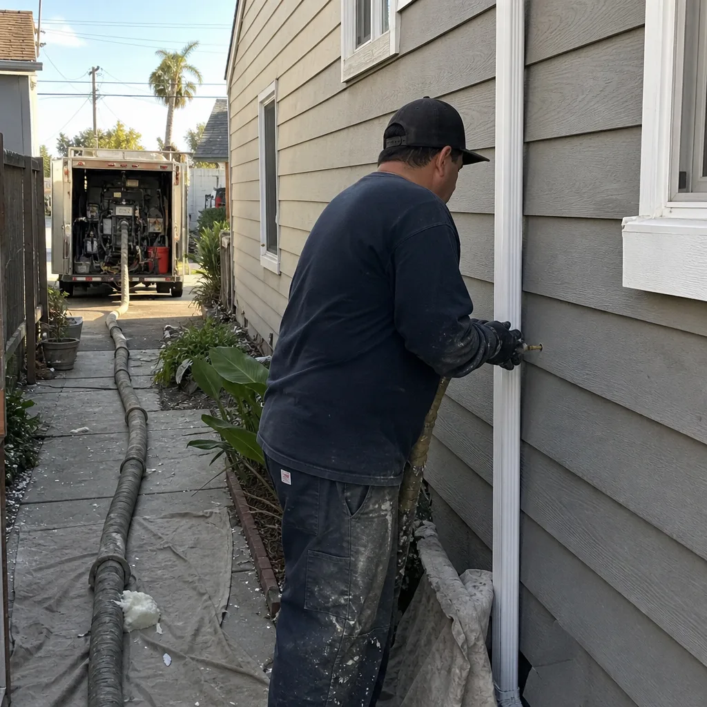 Contractor performing wall injection insulation on a residential house exterior in El Monte, CA